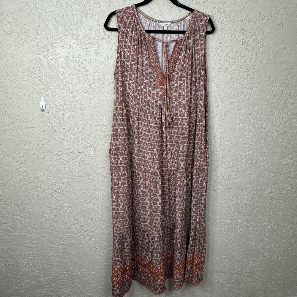 Max Studio Womens Tiered Boho Maxi Dress Size 1X Brown Festival Hippie Flowy